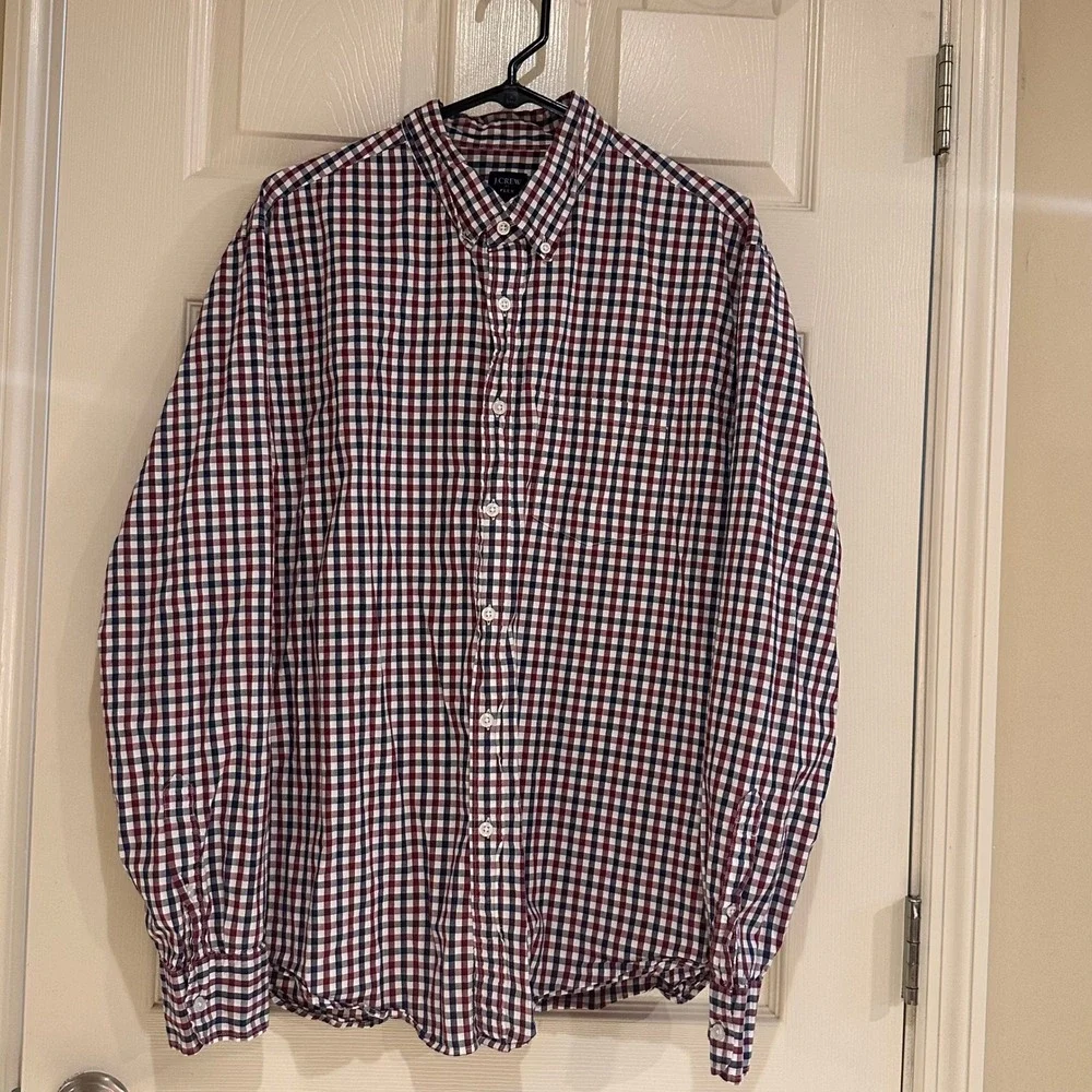 J.Crew Flex Mens XL Gingham Plaid Button Down Shirt‎ Navy Burgundy Long Sleeve
